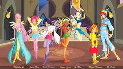 Size: 1024x576 | Tagged: applejack, artist:riredecirconstence, barefoot, belly button, cornelia hale, derpibooru import, elyon, feet, fluttershy, hay lin, human, humanized, irma lair, mane six, midriff, orube, pinkie pie, rainbow dash, rarity, safe, sunset shimmer, taranee cook, twilight sparkle, twilight sparkle (alicorn), will vandom, w.i.t.c.h.