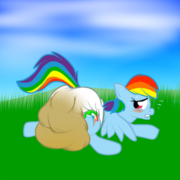 Size: 948x948 | Tagged: artist:pidgopidgey, blushing, crinkle pony the copyright infringement update, derpibooru import, diaper, diaper fetish, messing, messy diaper, poofy diaper, poop, pooping, questionable, rainboomboom, rainbow dash, squishy, super crinkle pony adventure 64