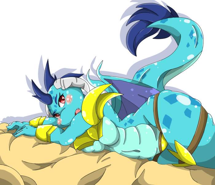 Size: 860x737 | Tagged: anthro, armor, artist:qnrhks0627, bed, belly button, big breasts, blushing, breasts, busty princess ember, cleavage, derpibooru import, dragon, dragon armor, female, gauntlet of fire, hips, looking at you, lying down, princess ember, questionable, simple background, solo, solo female, unconvincing armor, white background, wide hips
