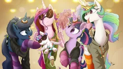 Size: 4000x2250 | Tagged: safe, artist:aquaticsun, artist:ncmares, derpibooru import, princess cadance, princess celestia, princess flurry heart, princess luna, twilight sparkle, twilight sparkle (alicorn), alicorn, pony, ask majesty incarnate, alicorn pentarchy, aunt and niece, auntie luna, auntie twilight, babscon, clothes, collaboration, donut, female, food, group, hoodie, ice cream, levitation, licking, magic, mama cadence, mother and daughter, open mouth, parody, plushie, print, raised hoof, royal sisters, signature, sisters-in-law, socks, striped socks, sunglasses, telekinesis, the hangover, the uses of unicorn horns, tongue out, toy
