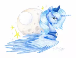 Size: 1024x792 | Tagged: artist:skyaircobra, bust, derpibooru import, moon, portrait, princess luna, s1 luna, safe, solo, stars, traditional art