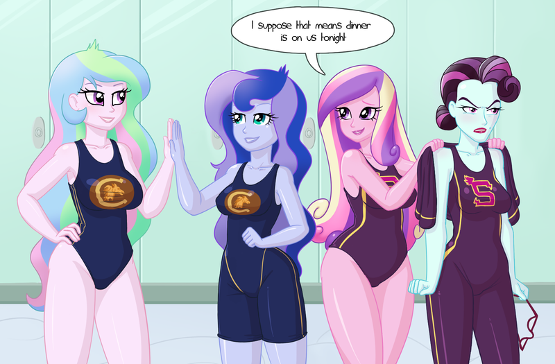 Size: 1600x1050 | Tagged: suggestive, artist:rapps, derpibooru import, princess cadance, princess celestia, princess luna, principal abacus cinch, equestria girls, friendship games, angry, armpits, big breasts, breasts, busty princess cadance, busty princess celestia, busty princess luna, busty principal abacus cinch, clothes, cougar, curvy, dean cadance, female, females only, high five, locker room, one-piece swimsuit, principal celestia, shadowbolts swimsuit, sideass, stupid sexy cinch, swimsuit, towel, vice principal luna, wide hips, wondercolts swimsuit