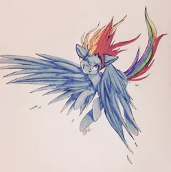 Size: 960x963 | Tagged: artist:loladotz, derpibooru import, flying, rainbow dash, safe, simple background, sketchbook, solo, traditional art, windswept mane, wink