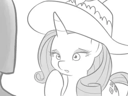 Size: 800x600 | Tagged: safe, artist:vulapa, derpibooru import, rarity, oc, oc:anon, human, cyoa, cyoa:life in ponyville, disappointed, grayscale, hat, monochrome, sad, story included