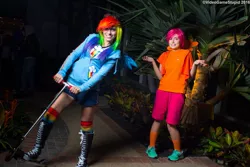 Size: 1095x730 | Tagged: artist:cosplayhazard, artist:meotashie, artist:videogamestupid, clothes, converse, cosplay, costume, derpibooru import, duo, female, human, irl, irl human, katsucon, katsucon 2016, photo, rainbow dash, rainbow socks, safe, scootaloo, shoes, sneakers, socks, striped socks