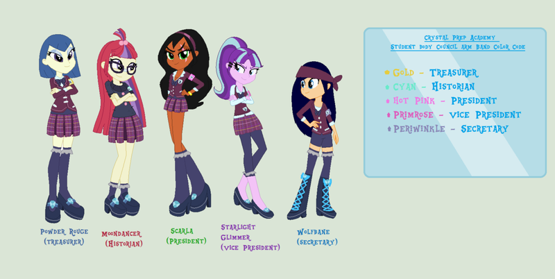 Size: 1024x515 | Tagged: safe, artist:obeliskgirljohanny, derpibooru import, moondancer, powder rouge, starlight glimmer, oc, oc:scarla, oc:wolfbane, equestria girls, friendship games, clothes, crystal prep academy uniform, equestria girls-ified, school uniform