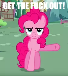 Size: 580x644 | Tagged: derpibooru import, edit, get out, gtfo, meme, pinkie pie, pointing, reaction image, safe, screencap, text edit, unamused, vulgar