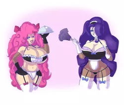 Size: 1400x1194 | Tagged: artist:annon, belly button, big breasts, bimbo, bimbo 1.0, bimbo pie, bimbo rarity, blue eyeshadow, blue lipstick, body stocking, bow, bra, breasts, busty pinkie pie, busty rarity, choker, cleavage, clothes, derpibooru import, duster, female, garter belt, gloves, hair over one eye, huge breasts, human, humanized, looking at you, maid, midriff, panties, pink eyeshadow, pinkie pie, pink lipstick, rarity, stupid sexy pinkie, stupid sexy rarity, suggestive, thong, underwear, wink