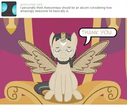 Size: 540x450 | Tagged: safe, artist:aha-mccoy, derpibooru import, oc, oc:ross mclovin, unofficial characters only, alicorn, pony, nopony-ask-mclovin, animated, ask, cardboard wings, fake horn, fake wings, solo, speech bubble, tumblr