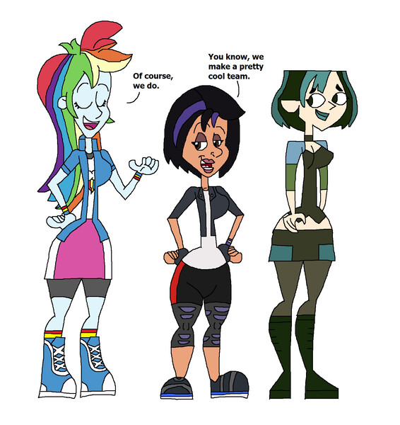 Size: 1609x1705 | Tagged: safe, artist:hunterxcolleen, derpibooru import, rainbow dash, human, equestria girls, big hero 6, crossover, gogo tomago, gwen, humanized, talking, total drama, total drama island