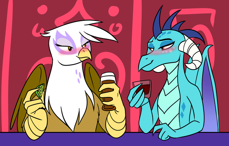 Size: 943x600 | Tagged: safe, artist:foxenawolf, derpibooru import, gilda, princess ember, dragon, gryphon, alcohol, bedroom eyes, blushing, commission, crack shipping, drinking, drunk, female, gember, image, lesbian, lime, looking at each other, png, shipping