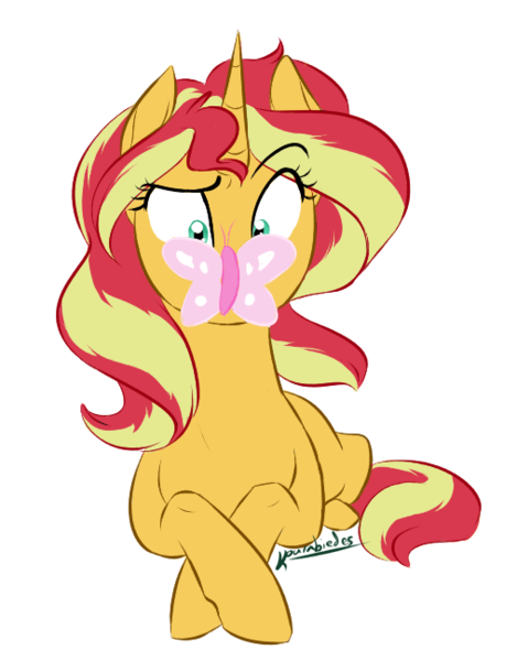 Size: 507x648 | Tagged: safe, artist:kourabiedes, derpibooru import, sunset shimmer, butterfly, pony, unicorn, crossed legs, cute, raised eyebrow, shimmerbetes, simple background, solo, transparent background