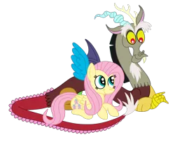 Size: 2592x2136 | Tagged: safe, artist:squipycheetah, derpibooru import, discord, fluttershy, pegasus, pony, crossed arms, cute, discoshy, discute, eyebrows, female, folded wings, happy, looking down, looking up, male, protecting, shipping, shyabetes, simple background, sitting, smiling, spread wings, straight, transparent background, vector