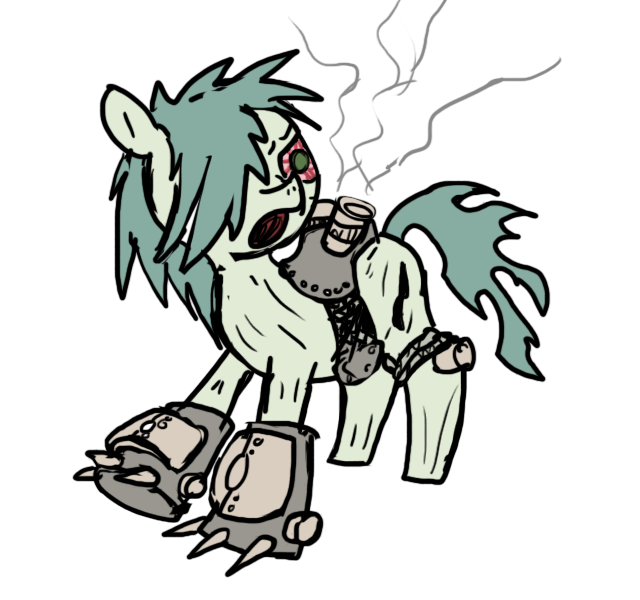 Size: 640x600 | Tagged: grimdark, alternate version, artist:ficficponyfic, artist:methidman, color edit, derpibooru import, edit, oc, oc:emerald jewel, unofficial characters only, cyborg, earth pony, pony, undead, zombie, zombie pony, colt quest, alternate timeline, alternate universe, bad end, child, color, colored, colt, corpse, corrupted, dead, ending, engine, foal, future, hair over one eye, hoofclaw, horror, husk, implants, male, messy hair, messy mane, metal, metal claws, moan, moaning, possible spoilers, preview, rivets, scar, sketch, solo, steam, steampunk, technology