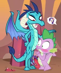 Size: 920x1100 | Tagged: suggestive, artist:dm29, derpibooru import, princess ember, rarity, spike, dragon, gauntlet of fire, bloodstone scepter, blushing, dragon lord ember, embarrassed, emberspike, female, jealous, male, shipping, sparity, straight