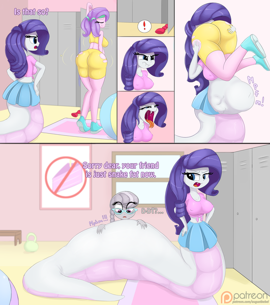 Size: 2000x2259 | Tagged: grimdark, questionable, artist:augustbebel, derpibooru import, diamond tiara, rarity, silver spoon, lamia, original species, snake, equestria girls, angry, ass, belly, big breasts, blatant lies, bow, breasts, busty rarity, clothes, diamond buttiara, digestion, fangs, fat, female, fetish, forked tongue, glasses, imminent death, lamity, large butt, open mouth, raripred, revenge, skirt, the ass was fat, tongue out, vore