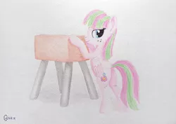 Size: 2829x2000 | Tagged: safe, artist:galekz, derpibooru import, blossomforth, pegasus, pony, looking at you, pommel horse, solo, standing, traditional art