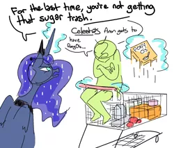 Size: 1366x1163 | Tagged: artist:nobody, derpibooru import, dialogue, human, magic, maternaluna, oc, oc:anon, princess luna, safe, shopping, shopping cart, telekinesis