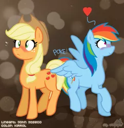 Size: 833x862 | Tagged: safe, artist:johnjoseco, artist:kirrol, derpibooru import, applejack, rainbow dash, earth pony, pegasus, pony, appledash, blushing, butt touch, feathermarking, female, heart, lesbian, mare, never doubt tchernobog's involvement, shipping