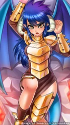 Size: 500x887 | Tagged: armor, artist:racoonsan, breastplate, clothes, derpibooru import, dragon armor, elf ears, fangs, female, gauntlet of fire, horned humanization, horns, human, humanized, looking at you, on back, open mouth, patreon, princess ember, safe, solo, tail, tailed humanization, tsundember, tsundere, winged humanization