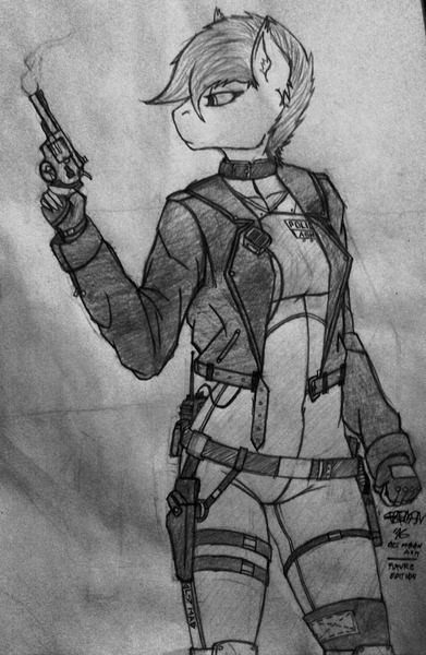Size: 1250x1920 | Tagged: safe, artist:sherman222, derpibooru import, oc, oc:moon ash, unofficial characters only, anthro, bat pony, anthro oc, breasts, clothes, collar, cyberpunk, female, gun, jacket, police, police uniform, revolver, short hair, small breasts, solo, suit, traditional art
