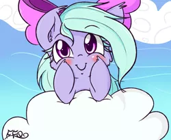 Size: 2000x1636 | Tagged: artist:freefraq, blushing, bow, cheek fluff, cloud, cute, derpibooru import, ear fluff, flitter, flitterbetes, freefraq is trying to murder us, hair bow, heart eyes, looking at you, prone, safe, smiling, solo, wingding eyes
