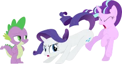 Size: 3596x1890 | Tagged: safe, artist:porygon2z, derpibooru import, rarity, spike, starlight glimmer, abuse, butt bump, butt smash, female, glimmerbuse, male, shipping, shipping denied, simple background, sparity, sparlight, straight, transparent background