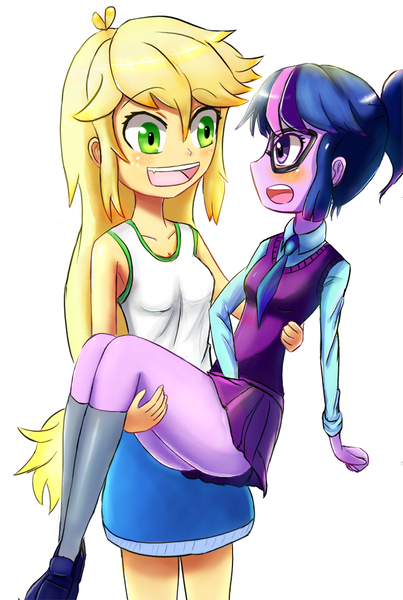 Size: 671x1000 | Tagged: safe, artist:jumboz95, derpibooru import, applejack, sci-twi, twilight sparkle, equestria girls, blushing, bridal carry, clothes, denim skirt, female, lesbian, pleated skirt, schrödinger's pantsu, scitwijack, shipping, simple background, skirt, skirt lift, thighs, twijack, upskirt