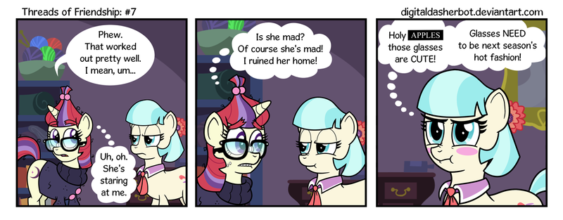 Size: 1200x469 | Tagged: artist:digitaldasherbot, blushing, coco pommel, comic, comic:threads of friendship, derpibooru import, gritted teeth, moondancer, safe, scrunchy face, sweat