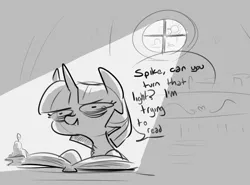 Size: 1267x937 | Tagged: artist:nobody, bags under eyes, derpibooru import, insomnia, monochrome, reading, safe, solo, speech bubble, tired, twilight sparkle