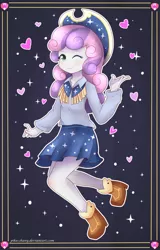 Size: 1600x2500 | Tagged: safe, artist:pika-chany, derpibooru import, sweetie belle, equestria girls, on your marks, adorable face, beautiful, boots, clothes, cow belle, cowboy boots, cowboy hat, cowgirl, cute, dancing, diasweetes, hat, heart, looking at you, shoes, skirt, smiling, solo, sparkles, square dance, stetson, wink