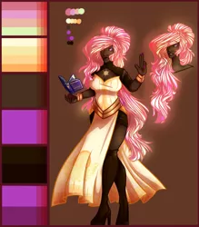 Size: 1280x1463 | Tagged: artist:shimmering sunlight, book, dark skin, derpibooru import, grin, hair over one eye, human, humanized, levitation, looking at you, magic, pink-mane celestia, princess celestia, reference sheet, safe, smiling, solo, telekinesis