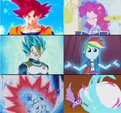 Size: 1354x1266 | Tagged: safe, derpibooru import, pinkie pie, rainbow dash, twilight sparkle, twilight sparkle (alicorn), equestria girls, friendship games, rainbow rocks, chs rally song, comparison, dragon ball, dragon ball super, dragon ball z, glow, goku, kaio-ken, kamehameha, spoilers for another series, super kaio god, super saiyan blue, super saiyan god, super saiyan god super saiyan, super saiyan red, vegeta