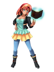 Size: 800x1066 | Tagged: safe, artist:yatonokami, derpibooru import, sunset shimmer, equestria girls, book, clothes, human coloration, magic, pants, simple background, solo, telekinesis, transparent background