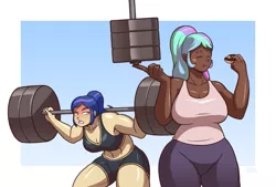 Size: 1331x900 | Tagged: abs, angry, artist:blazbaros, au:eqcl, barbell, big breasts, breasts, buff, busty princess celestia, clothes, commission, compression shorts, curvy, dark skin, derpibooru import, donut, eating, eyes closed, female, food, funny, glare, gritted teeth, gym uniform, huge breasts, human, humanized, light skin, midriff, muscles, plump, ponytail, princess celestia, princess luna, princess muscle moona, royal sisters, safe, simple background, smiling, strong fat, super strength, sweat, :t, tanktop, vest, weight lifting, weights, wide hips, workout, workout outfit, yoga pants