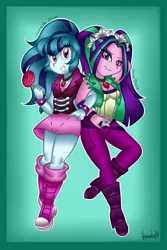 Size: 1024x1536 | Tagged: safe, artist:queentigrel, derpibooru import, aria blaze, sonata dusk, equestria girls, candy, food, lollipop