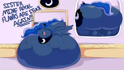 Size: 2956x1668 | Tagged: artist:graphenescloset, ass, belly, belly bed, big belly, bingo wings, chubby cheeks, derpibooru import, dialogue, fat, female, huge butt, impossibly large belly, impossibly large butt, large butt, moonbutt, morbidly obese, noodle incident, obese, plot, princess luna, princess moonpig, solo, solo female, stuck, suggestive, the ass is monstrously oversized for tight entrance, the ass was fat
