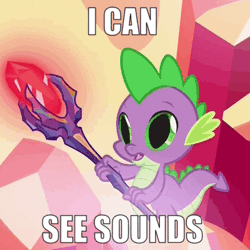 Size: 442x442 | Tagged: animated, bloodstoned spike, bloodstone scepter, caption, derpibooru import, dragon, dragon lord spike, eye shimmer, gauntlet of fire, high, image macro, meme, safe, solo, spike, synesthesia, text