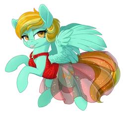 Size: 1000x952 | Tagged: safe, artist:pusspuss, derpibooru import, lightning dust, pegasus, pony, alternate hairstyle, clothes, dress, fanfic art, female, lightning babe, lipstick, mare, simple background, smiling, solo, transparent background