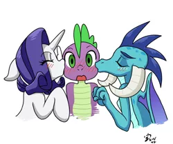 Size: 1255x1050 | Tagged: safe, artist:xenosaga428, derpibooru import, princess ember, rarity, spike, dragon, gauntlet of fire, blushing, cute, emberspike, female, kiss on the cheek, kiss sandwich, kissing, looking at you, male, ot3, shipping, sparember, sparity, spike gets all the mares, spikelove, straight