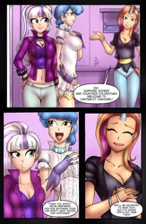 Size: 1628x2500 | Tagged: artist:dakuroihoshi, belly button, breasts, busty coloratura, busty sapphire shores, busty sassy saddles, cleavage, clothes, coloratura, comic, countess coloratura, derpibooru import, female, horned humanization, human, humanized, midriff, panty line, sapphiratura, sapphire shores, sassy saddles, short shirt, suggestive