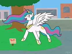 Size: 1600x1200 | Tagged: safe, artist:pony quarantine, derpibooru import, princess celestia, alicorn, pony, building, city, cute, cutelestia, female, fuck the police, grass, happy, keep off the grass, mare, open mouth, pure unfiltered evil, rebel, road, semi-grimdark source, sign, sky, smiling, solo, spread wings, tree, trollestia