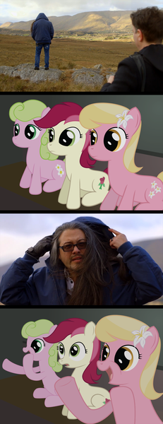 Size: 1000x2603 | Tagged: adrian carmack, barely pony related, daisy, derpibooru import, flower trio, flower wishes, human, irl, irl human, john romero, lily, lily valley, obligatory pony, photo, reaction ponies, roseluck, safe, youtube link