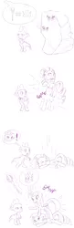 Size: 1198x3680 | Tagged: safe, artist:dstears, derpibooru import, rarity, spike, twilight sparkle, twilight sparkle (alicorn), alicorn, dragon, pony, unicorn, gauntlet of fire, bamf, bloodstone scepter, clothes, comic, costume, crown, disguise, female, idea, mare, monochrome, pictogram, speech bubble, teleportation, trio