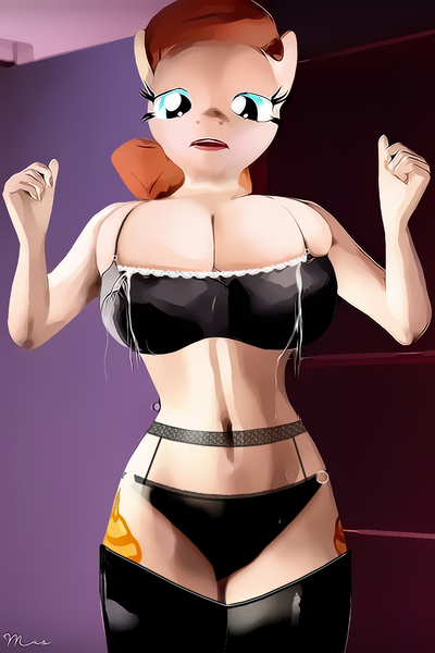 Size: 900x1350 | Tagged: 3d, anthro, artist:more-useless-source, belly button, big breasts, bra, breast milk, breasts, busty cream heart, cleavage, clothes, derpibooru import, female, garter belt, lactation, lingerie, looking down, oc, oc:cream heart, open mouth, panties, questionable, solo, solo female, stockings, tight clothing, tight fit, undersized clothes, underwear, unofficial characters only