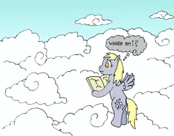 Size: 1676x1304 | Tagged: safe, artist:merkleythedrunken, derpibooru import, derpy hooves, pony, atlas, bipedal, cloud, map, sky, solo, standing, thought bubble