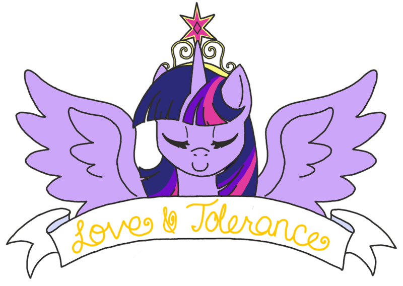 Size: 949x674 | Tagged: safe, artist:lovelywaifu, derpibooru import, twilight sparkle, twilight sparkle (alicorn), alicorn, pony, eyes closed, female, love and tolerance, love and tolerate, mare, old banner, positive message, positive ponies, serene, smiling, solo