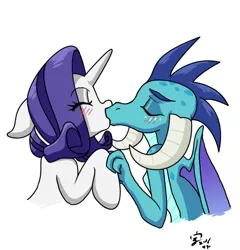 Size: 1006x1050 | Tagged: safe, artist:xenosaga428, derpibooru import, edit, editor:iron steed, princess ember, rarity, dragon, pony, unicorn, gauntlet of fire, blushing, cute, emberity, eyes closed, female, kissing, lesbian, mare, shipping, simple background, white background