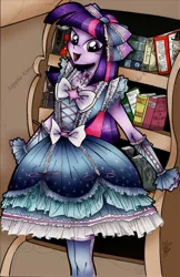 Size: 1024x1582 | Tagged: safe, artist:ponygoddess, derpibooru import, part of a set, twilight sparkle, equestria girls, beautiful, bow, clothes, cute, digital colours, dress, frills, hair bow, happy, lolita fashion, reflective, ribbon, smiling, solo, stockings, sweet lolita