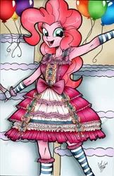 Size: 1024x1582 | Tagged: safe, artist:ponygoddess, derpibooru import, part of a set, pinkie pie, equestria girls, armpits, beautiful, bow, clothes, cute, digital colours, dress, frills, gloves, happy, lolita fashion, party, reflective, ribbon, smiling, solo, stockings, sweet lolita